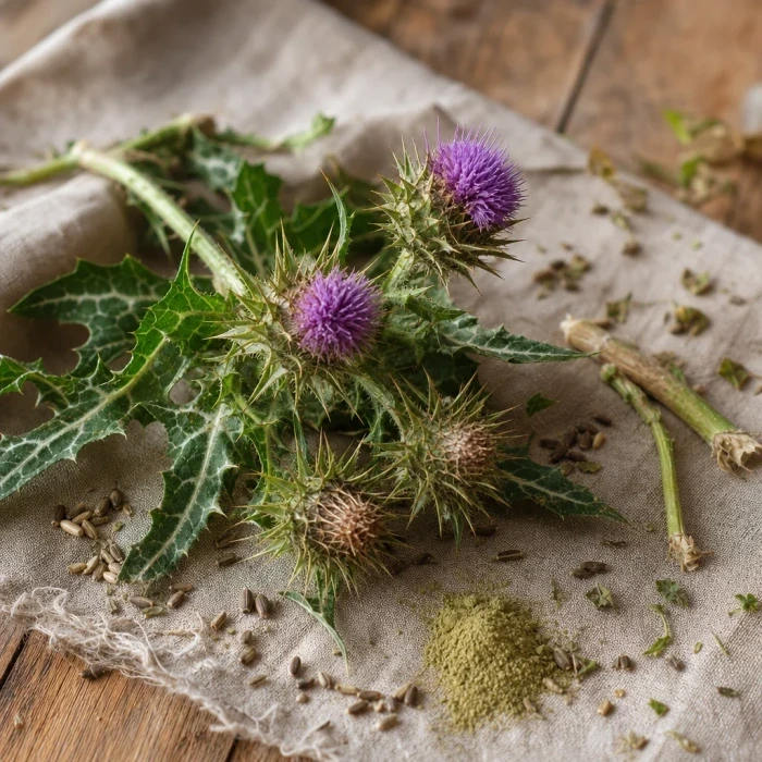 Milk thistle flower heads on linen wood