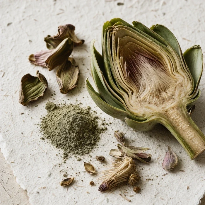 Artichoke head and dried leaves on paper