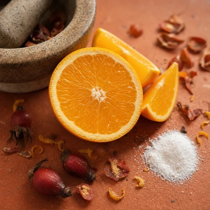 Citrus fruit and stone mortar on terracotta