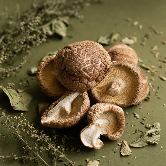 Dried mushrooms and botanical sprigs on olive