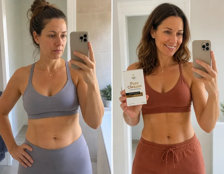 Woman s before-after mirror selfie showing toned