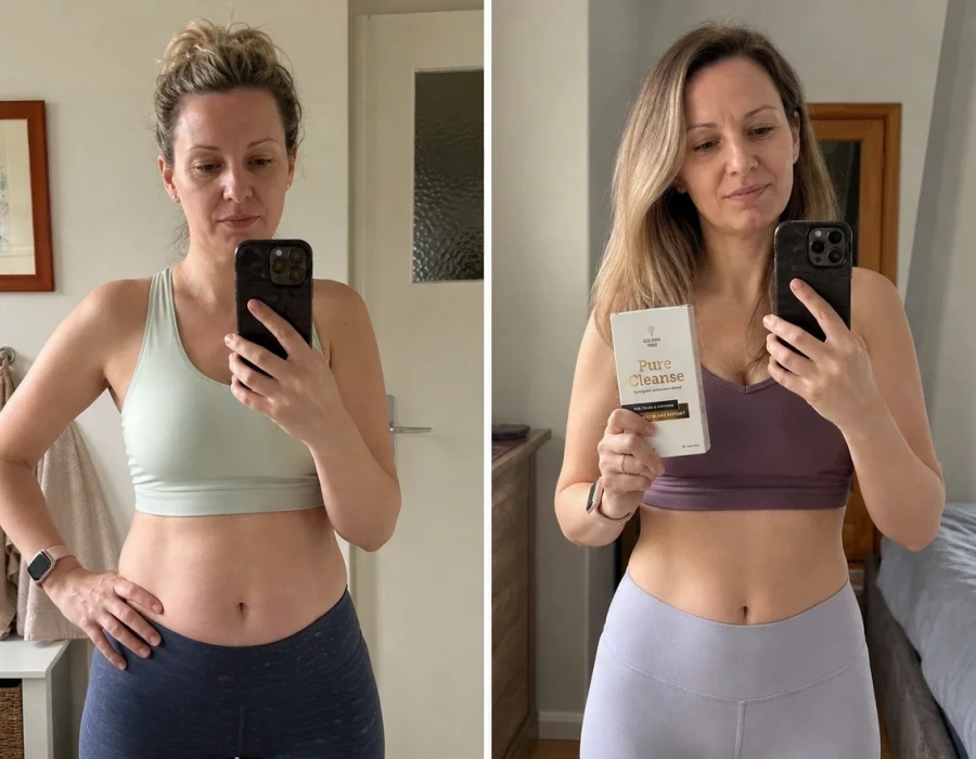 Woman mirror selfies before after bloating improvement