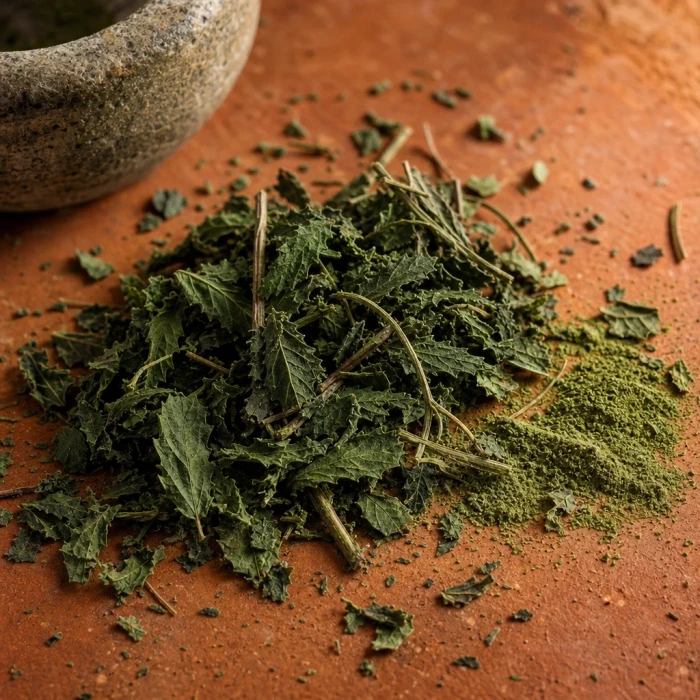 Dried nettle leaves on terracotta clay