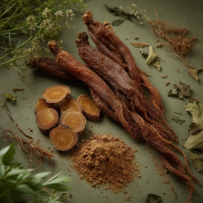 Red ginseng roots on olive board