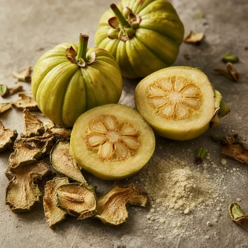 Garcinia cambogia fruits on matte slate
