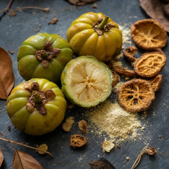 Garcinia cambogia fruits on dark slate