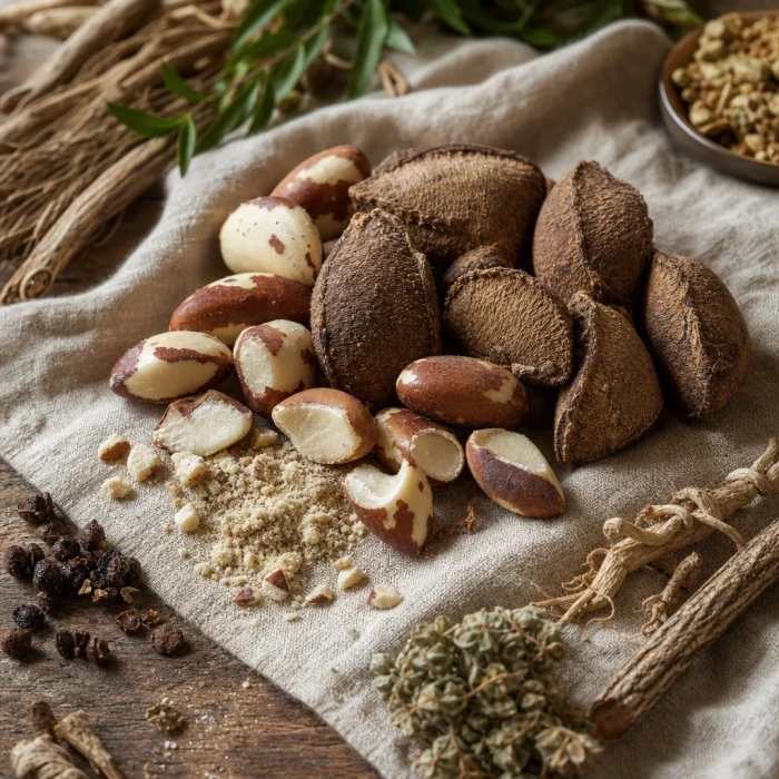 Brazil nuts on warm linen apothecary surface