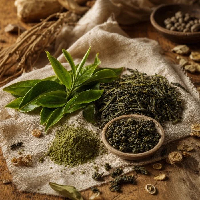 Dried green tea leaves on linen