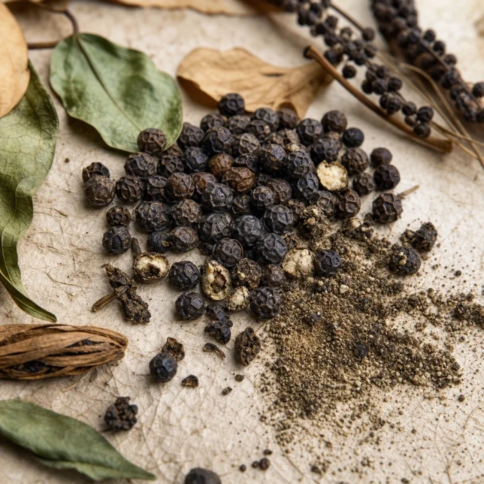 Black peppercorns on handmade botanical paper