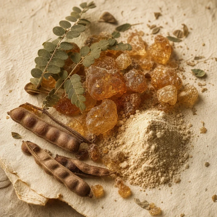 Raw acacia resin and dried pods