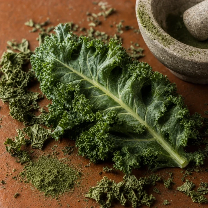 Kale leaves on terracotta with stone mortar