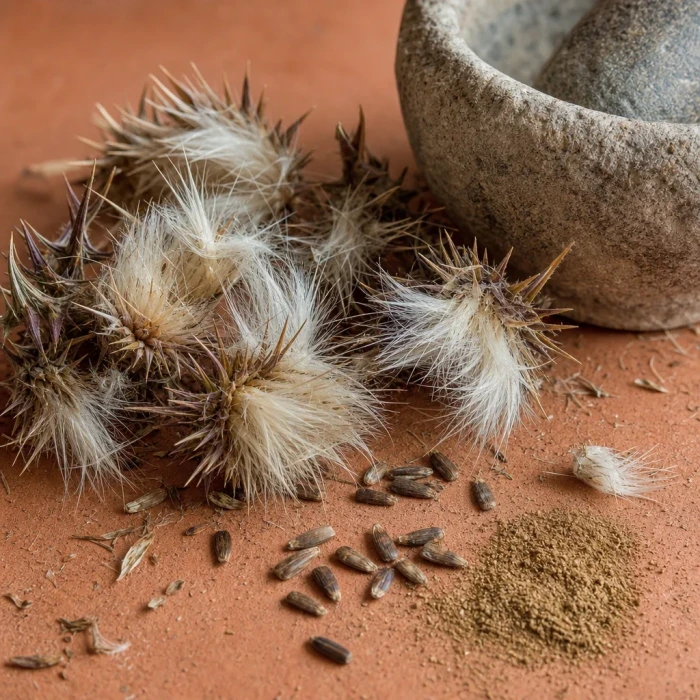 Milk thistle seed heads on terracotta surface