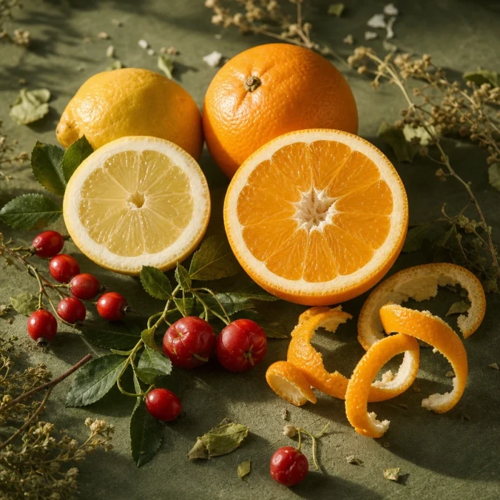Citrus slices and botanicals on olive board