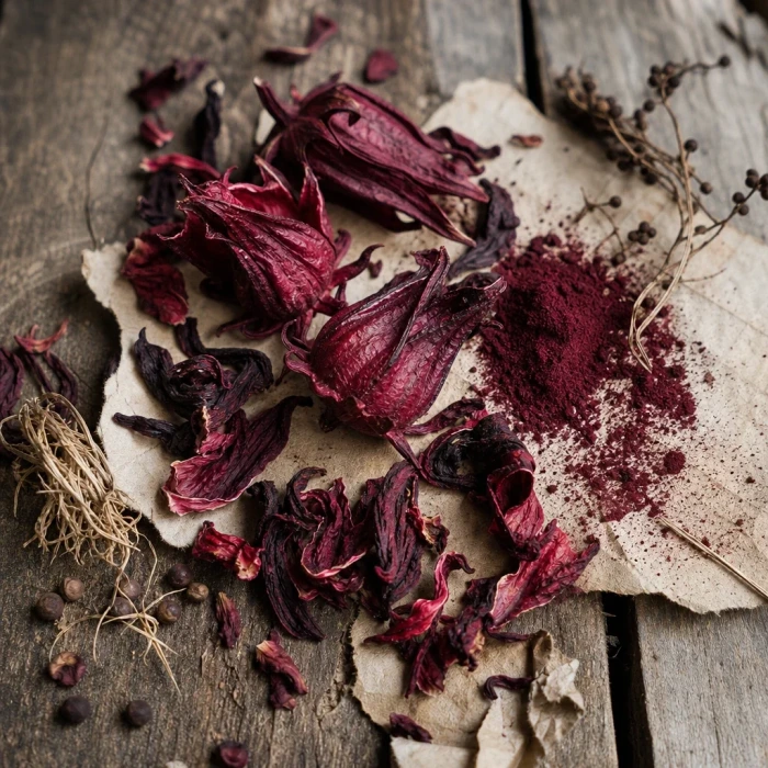 Dried hibiscus calyces on weathered wood