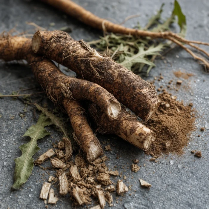 Dandelion roots and leaves on mineral stone