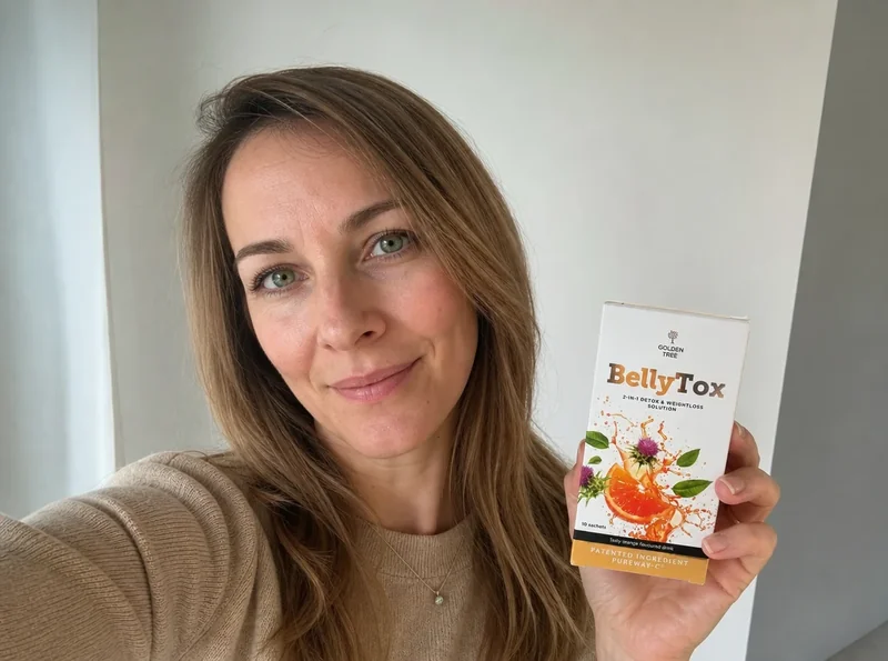 Woman selfie holding Golden Tree BellyTox sachet