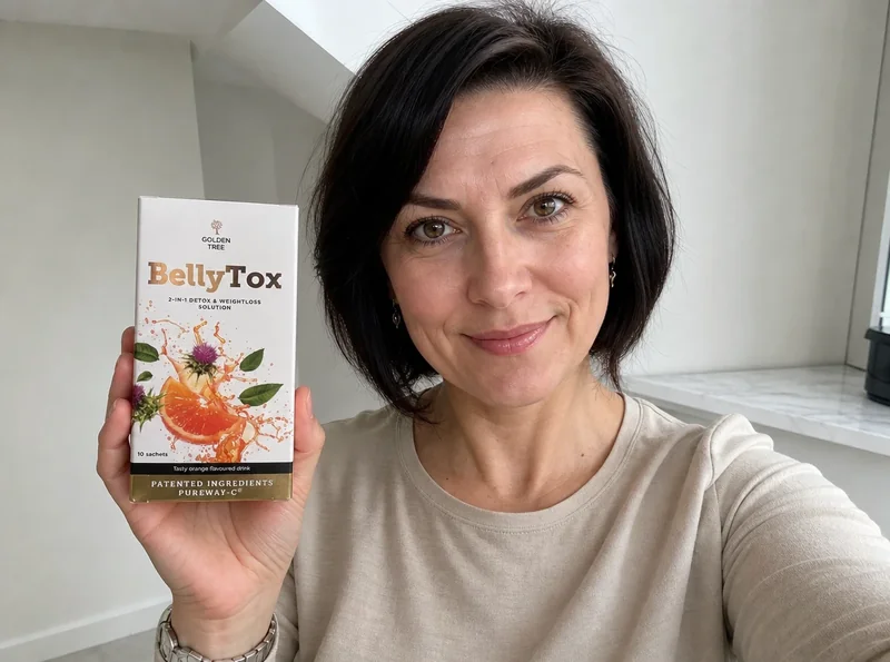 Woman selfie holding Golden Tree BellyTox sachet