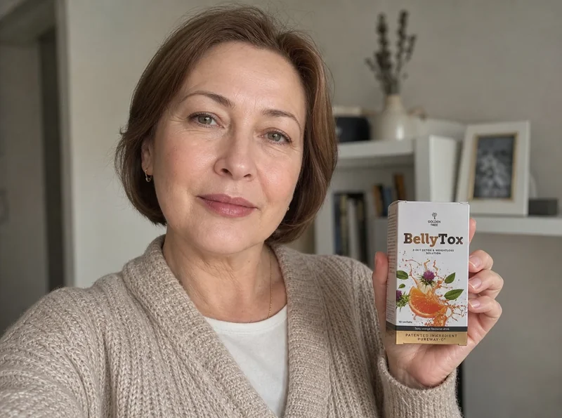 Mature woman selfie holding BellyTox sachet
