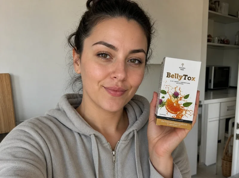 Young woman selfie holding Golden Tree BellyTox