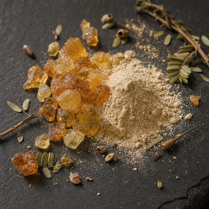 Acacia gum resin on dark slate stone