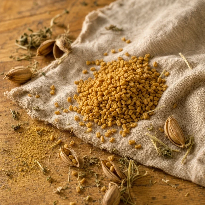 Fenugreek seeds on linen and wood