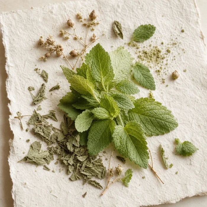 Lemon balm leaves on handmade paper