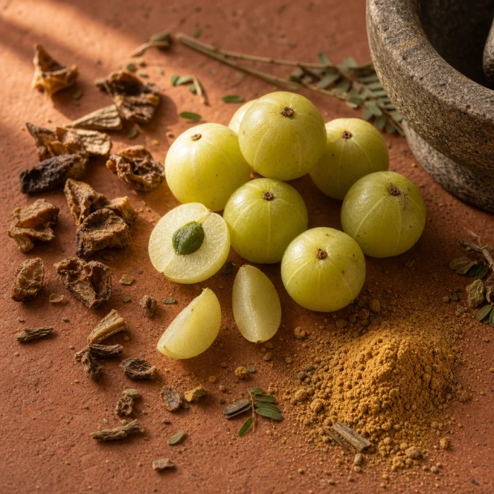 Amla fruits on terracotta clay surface