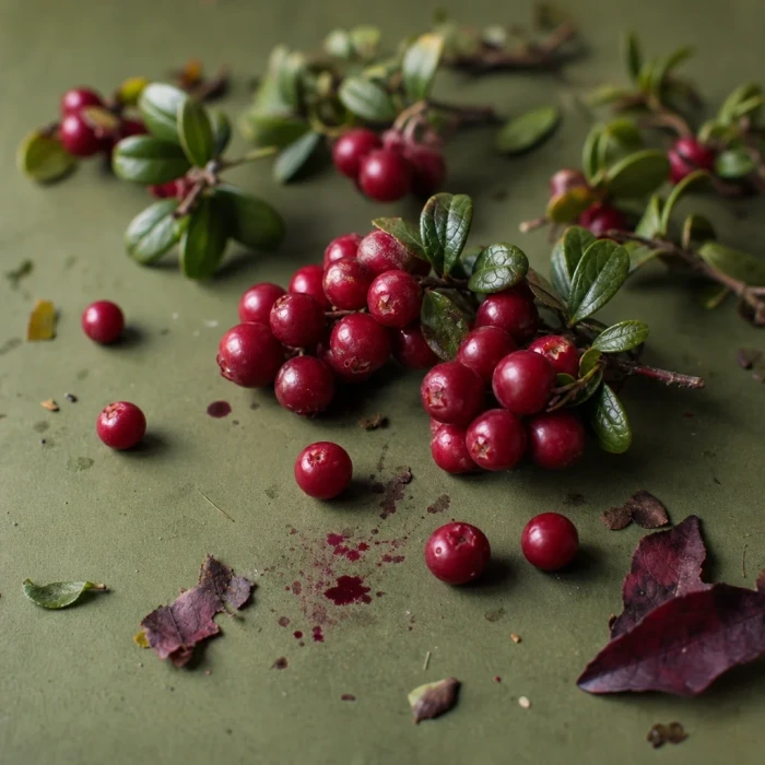 Lingonberry clusters on olive matte board