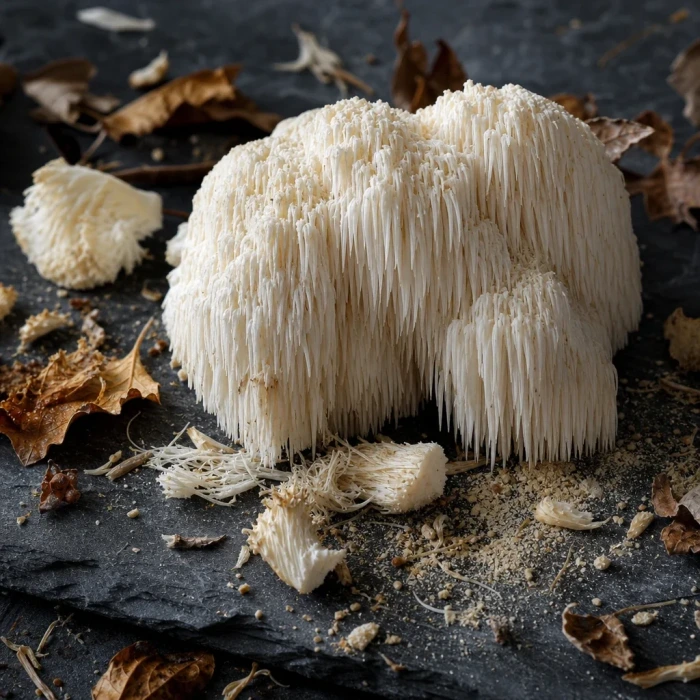 Lion s mane mushroom on dark slate