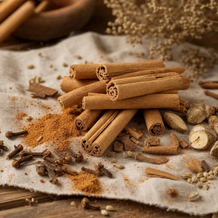 Ceylon cinnamon sticks on linen and wood