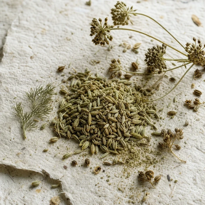 Fennel seeds and fronds on handmade paper