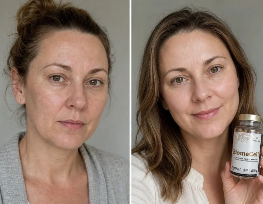 Woman s face before and after BiomeCell