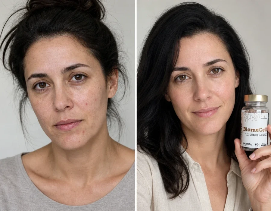 Woman before and after with BiomeCell bottle