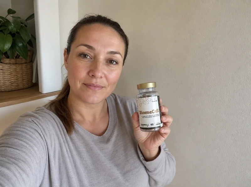 Woman holding BiomeCell bottle selfie