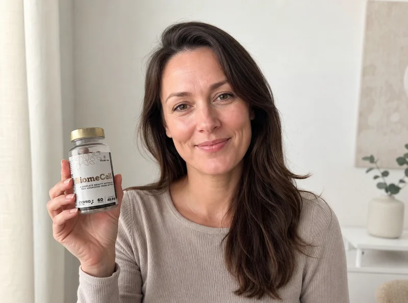 Woman holding BiomeCell bottle indoors