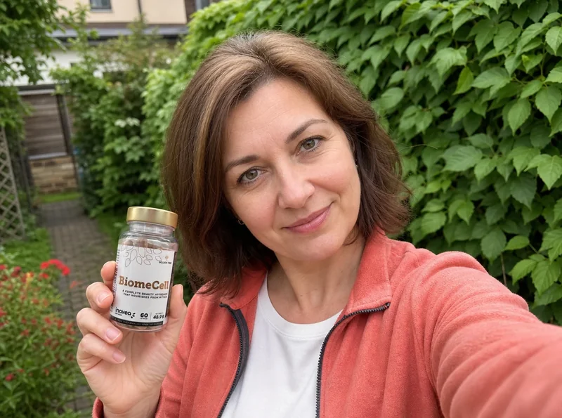 Woman outdoors holding BiomeCell selfie