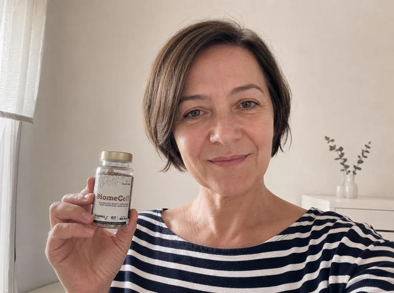 Woman aged 52 holding BiomeCell bottle
