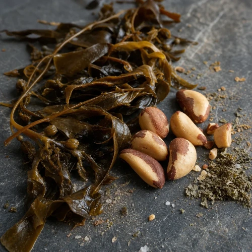 Dried kelp and Brazil nuts on slate
