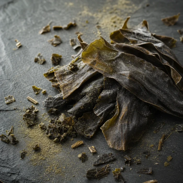 Dried kelp seaweed on dark slate