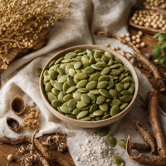 Pumpkin seeds on warm linen wood