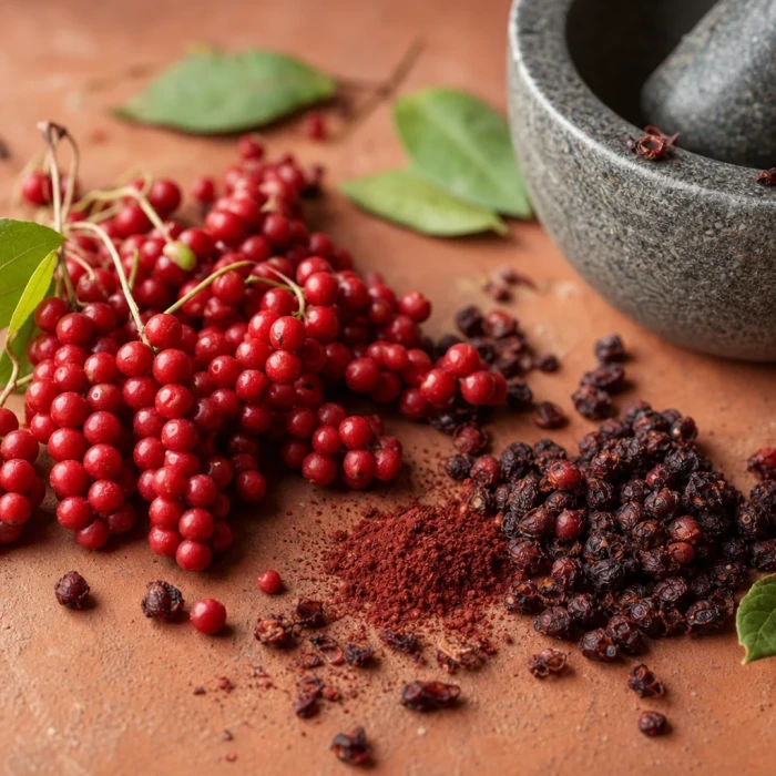 Schisandra red berries on terracotta clay