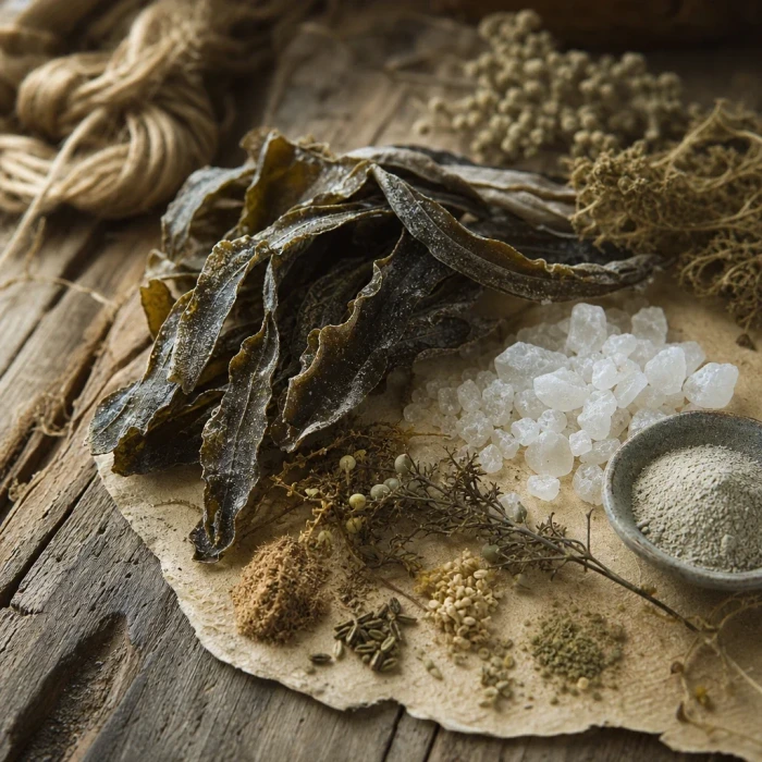 Sea kelp on weathered wood parchment