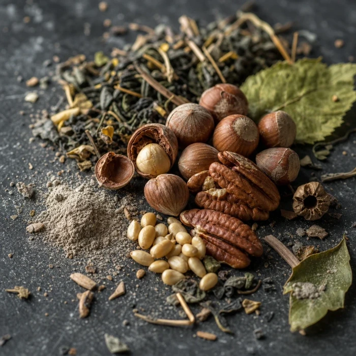 Manganese-rich botanicals on dark slate stone