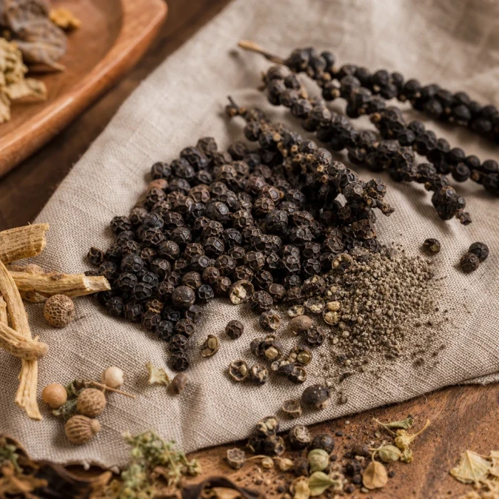 Black peppercorns on linen apothecary surface