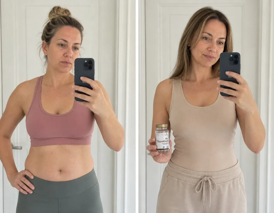 Woman mirror selfie bloating before and after