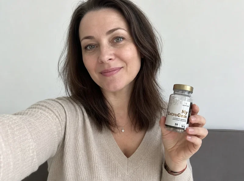 Woman aged 47 holding supplement product