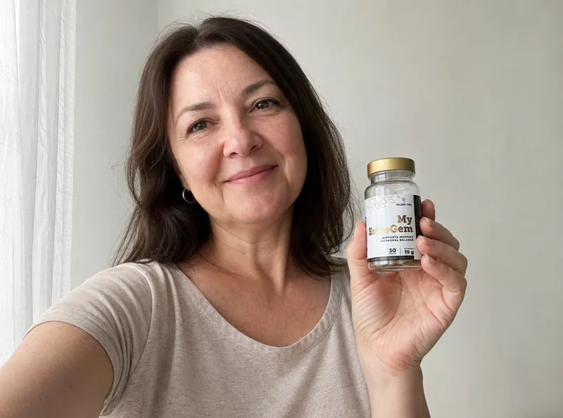 Woman age 52 selfie holding supplement product