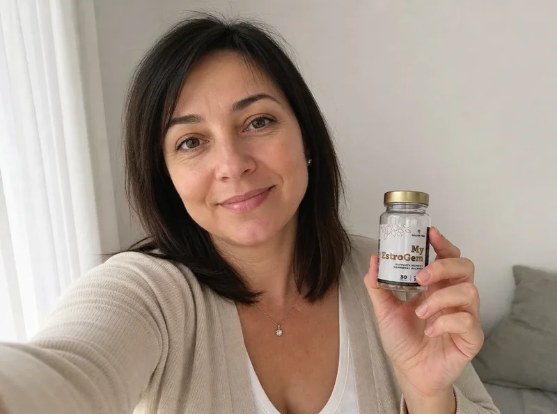 Woman aged 44 holding supplement product outdoors