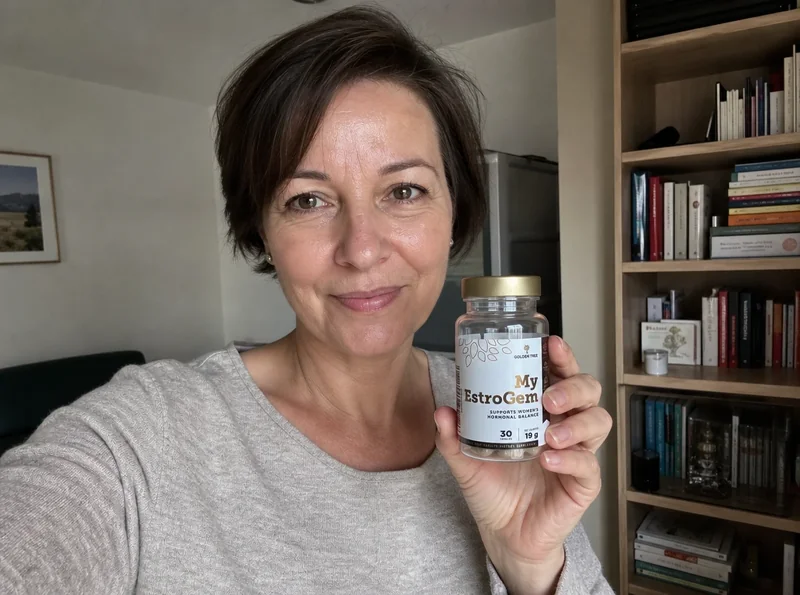 Woman age 50 selfie holding supplement bottle