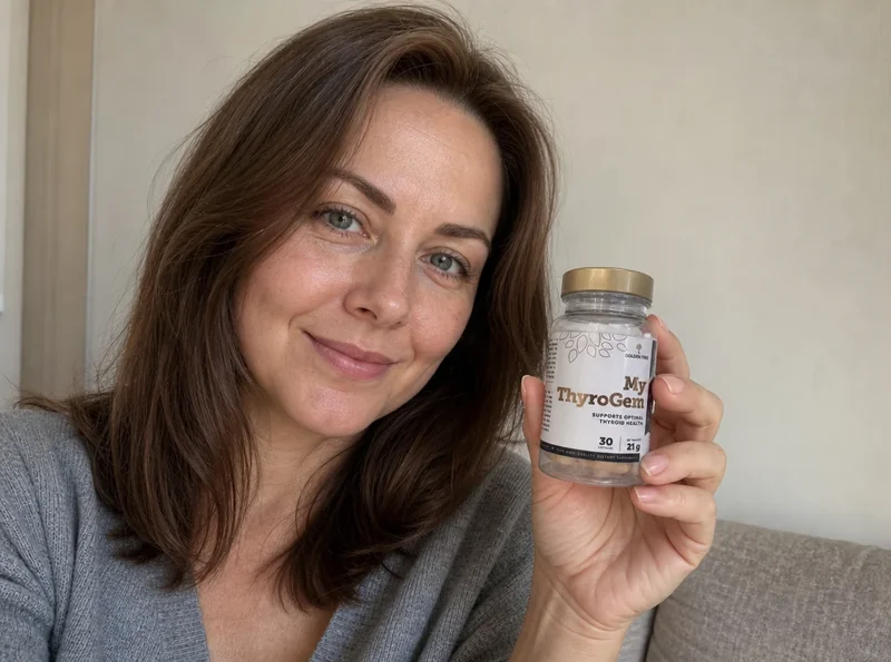 Woman holding ThyroGem bottle in selfie